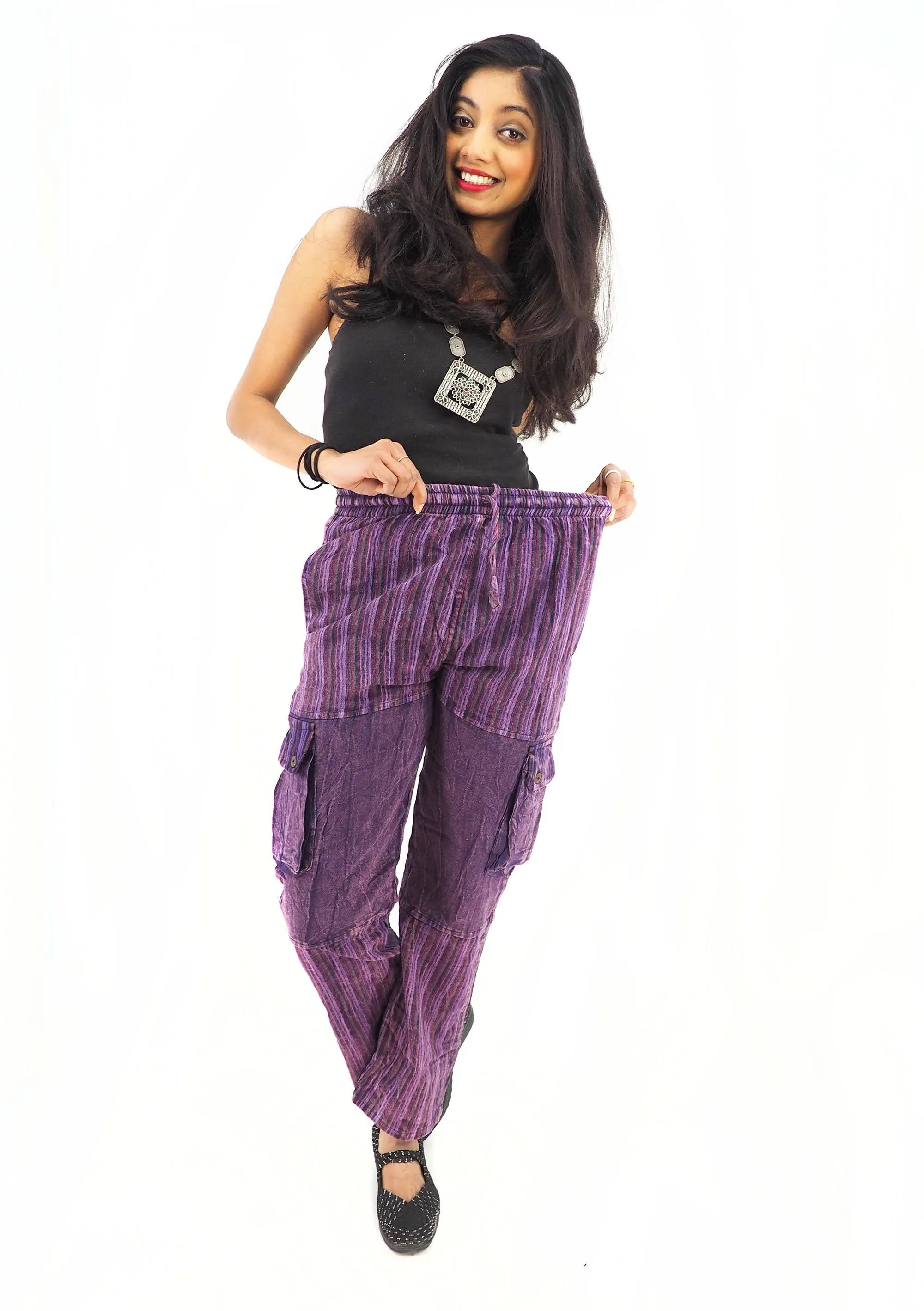 Unisex Handmade Casual Boho Cotton Solid And Stripe Purple Color Pants Size S-M-L-XL