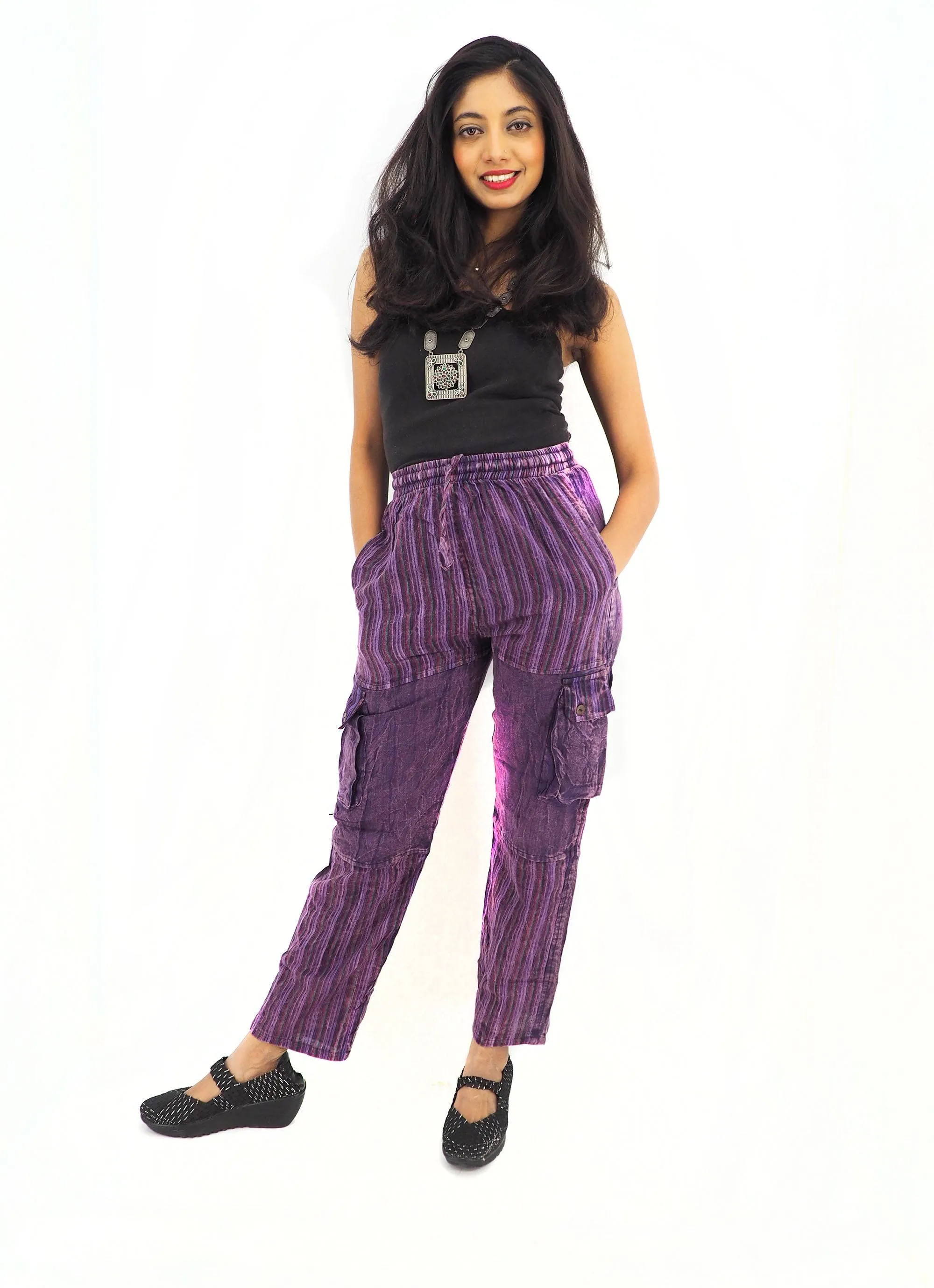 Unisex Handmade Casual Boho Cotton Solid And Stripe Purple Color Pants Size S-M-L-XL