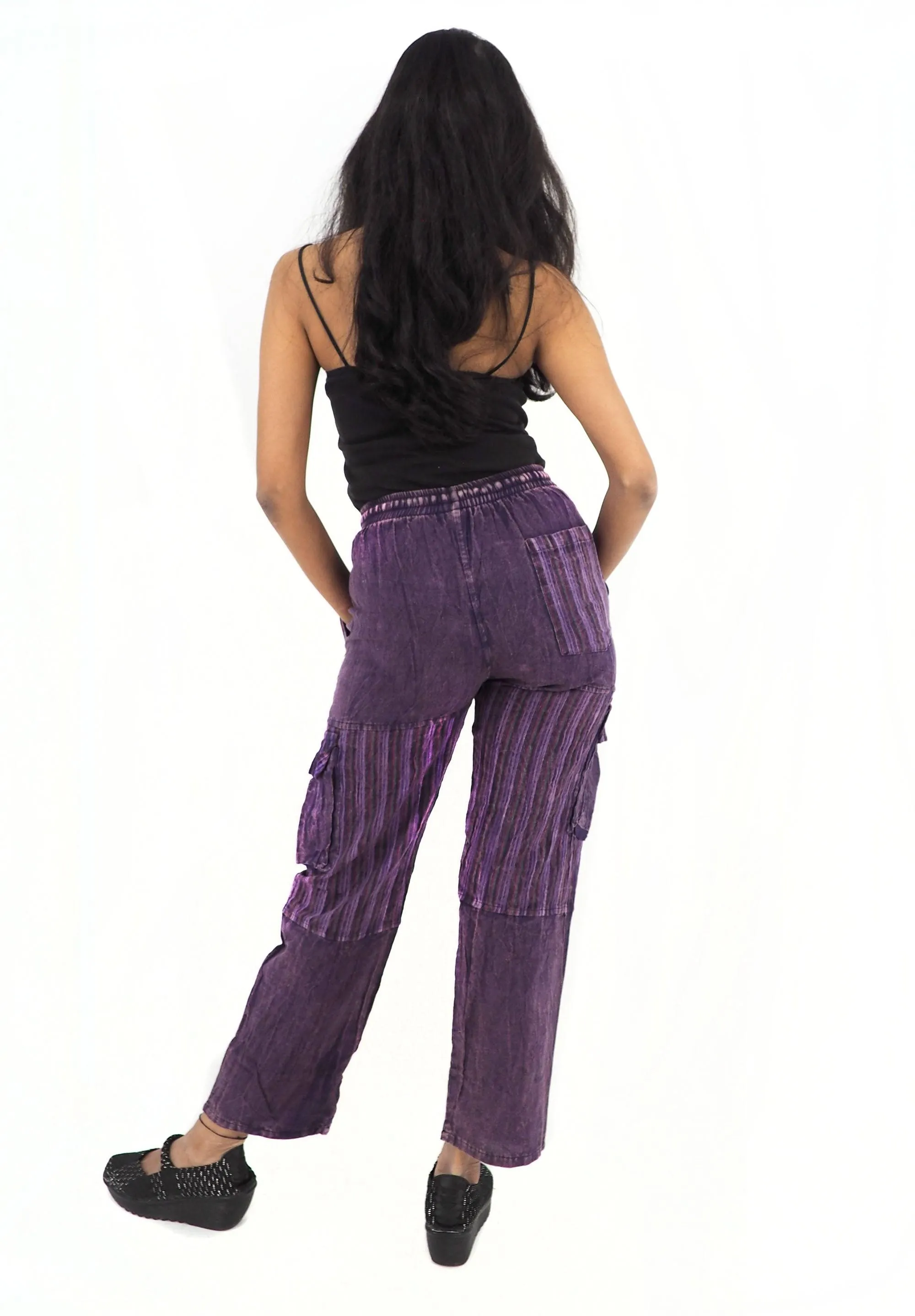 Unisex Handmade Casual Boho Cotton Solid And Stripe Purple Color Pants Size S-M-L-XL