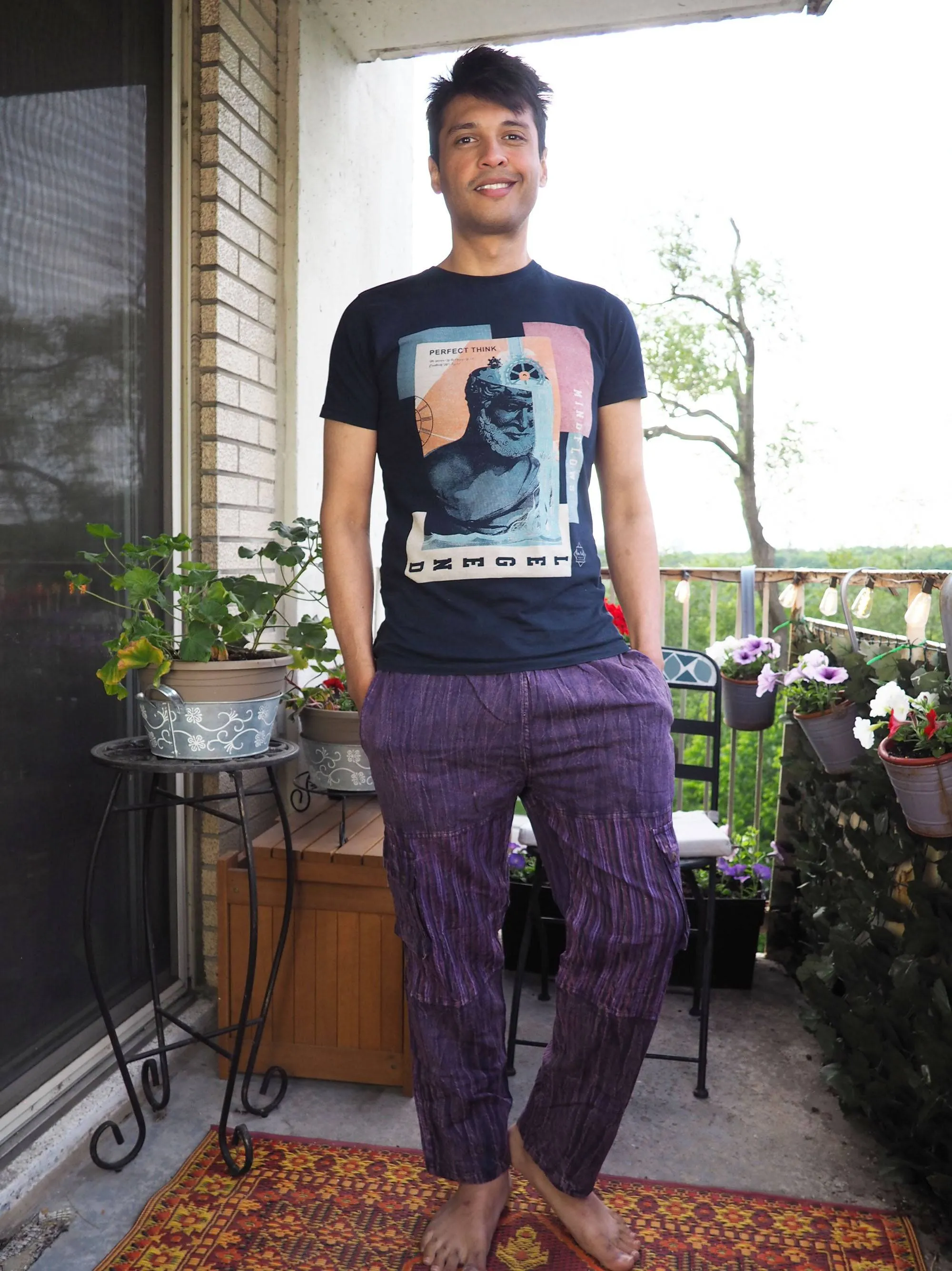 Unisex Handmade Casual Boho Cotton Solid And Stripe Purple Color Pants Size S-M-L-XL