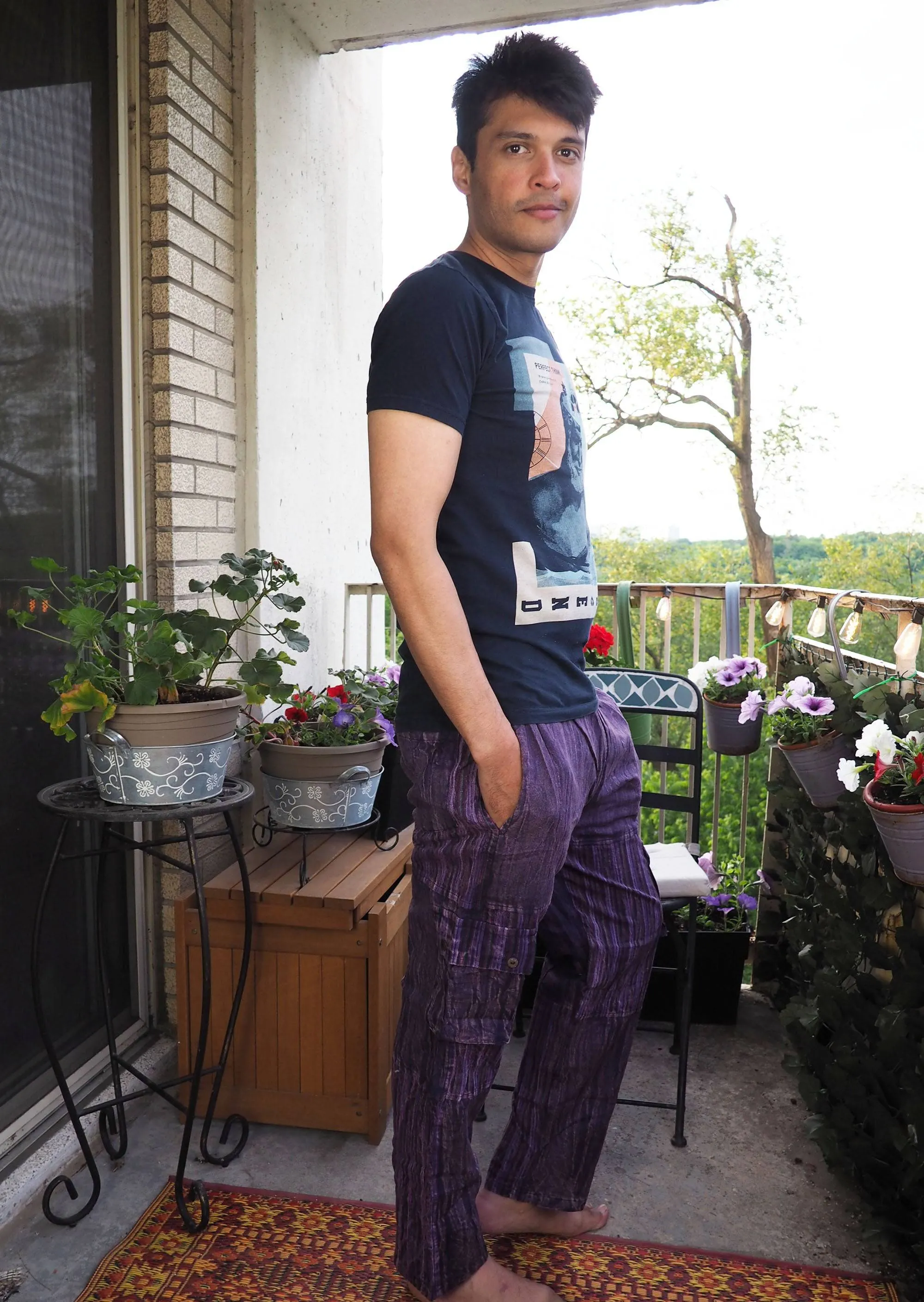 Unisex Handmade Casual Boho Cotton Solid And Stripe Purple Color Pants Size S-M-L-XL