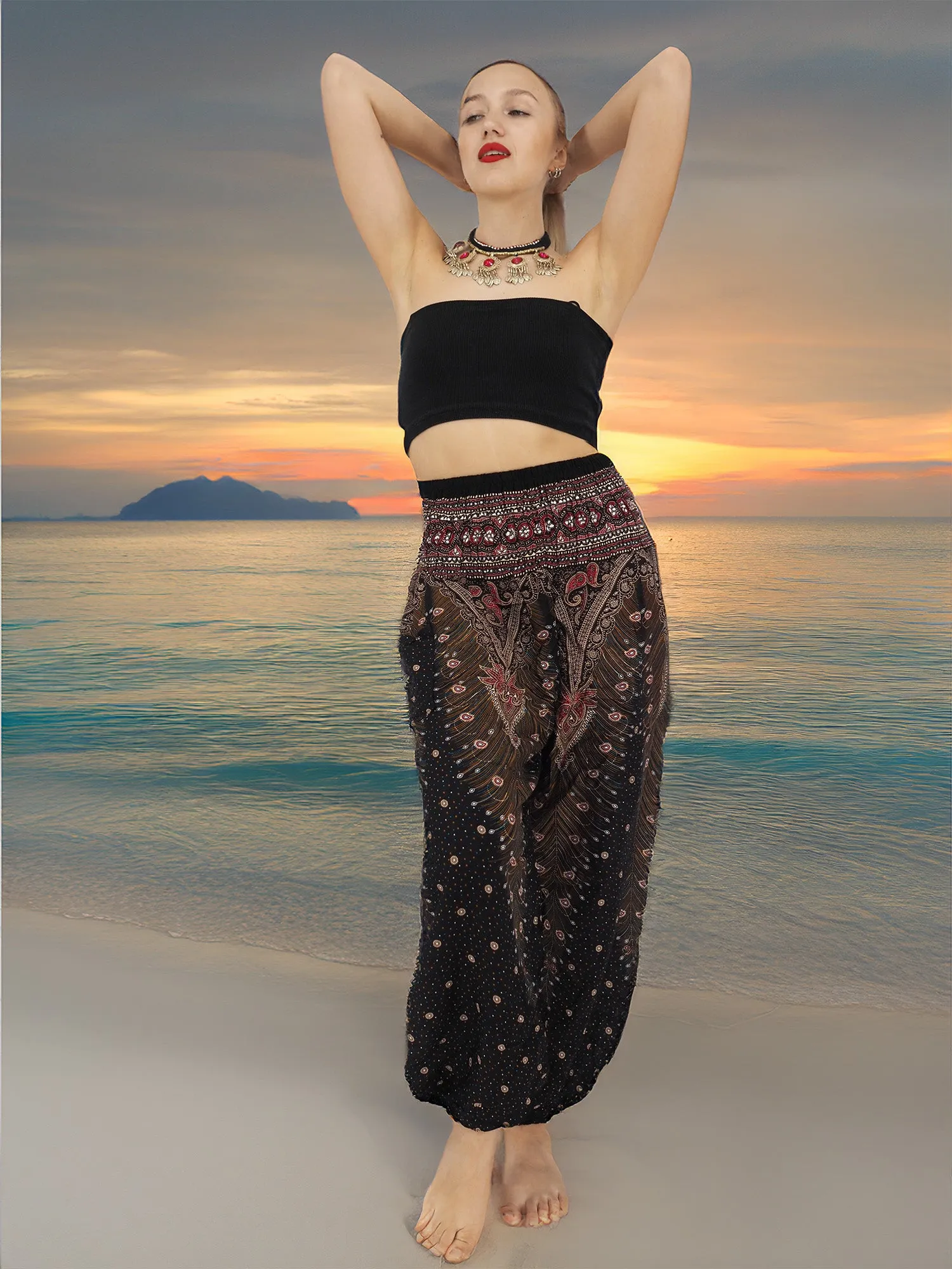 Unisex Harem Yoga Hippie Boho Pants in Black Brown And Red With Pickock Print L