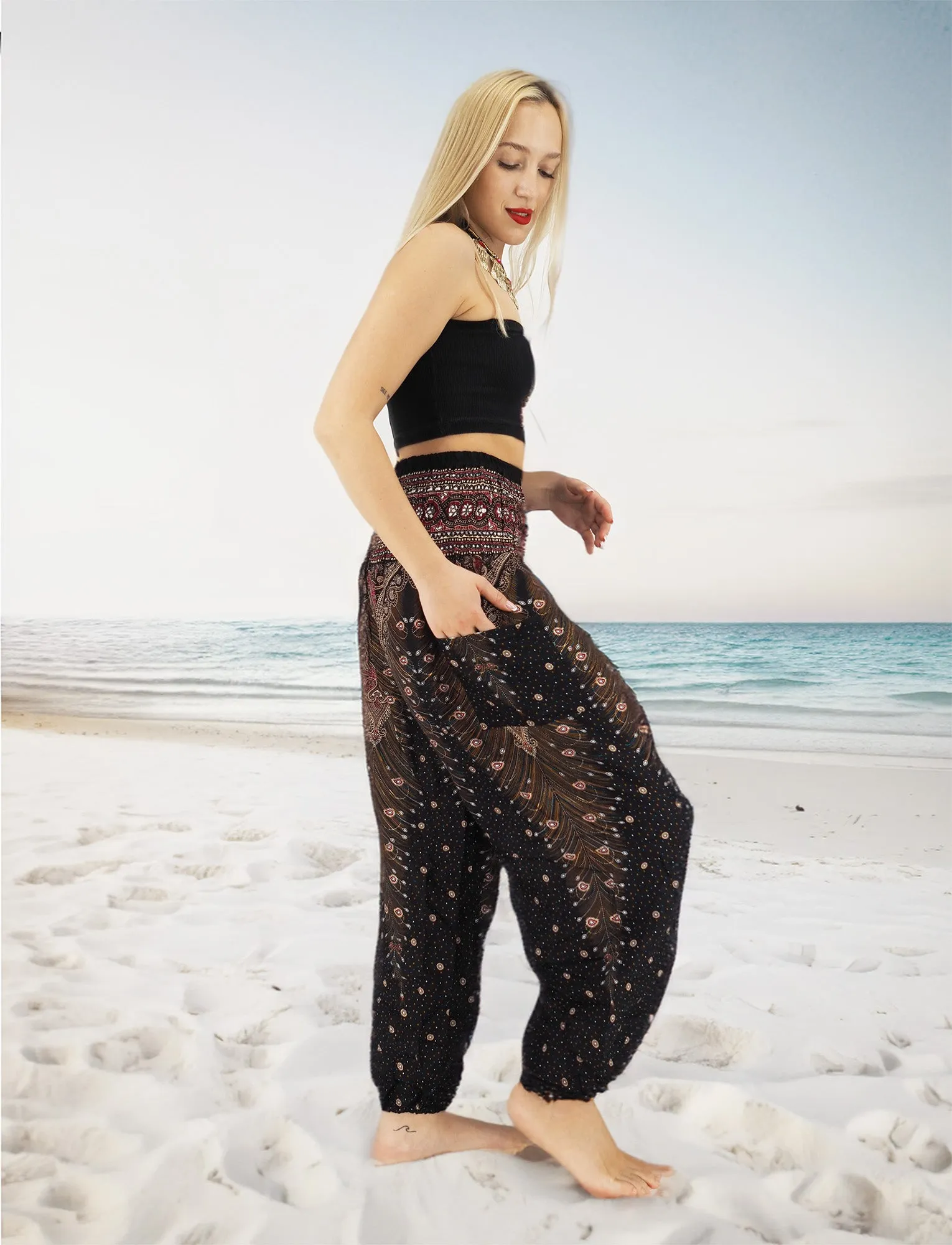 Unisex Harem Yoga Hippie Boho Pants in Black Brown And Red With Pickock Print L