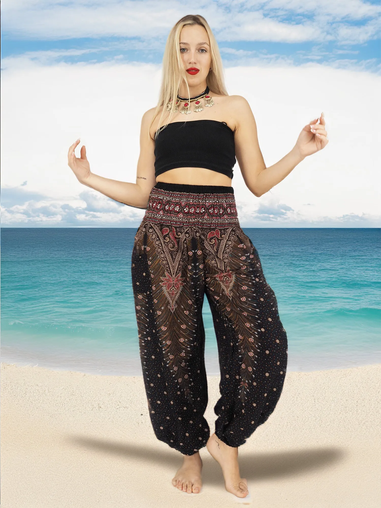 Unisex Harem Yoga Hippie Boho Pants in Black Brown And Red With Pickock Print L