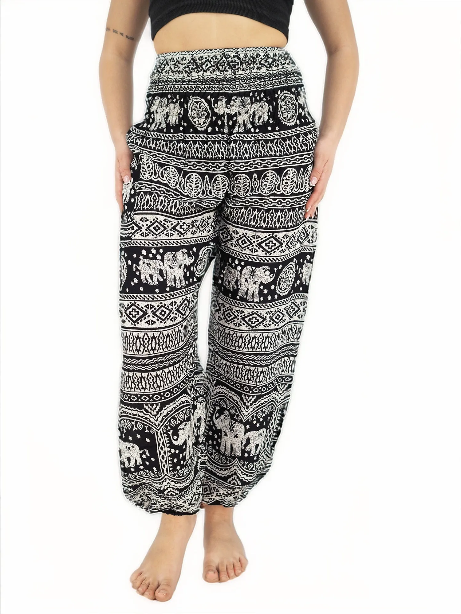 Unisex Harem Yoga Hippie Boho Pants in Black With Elephant Print M To XL