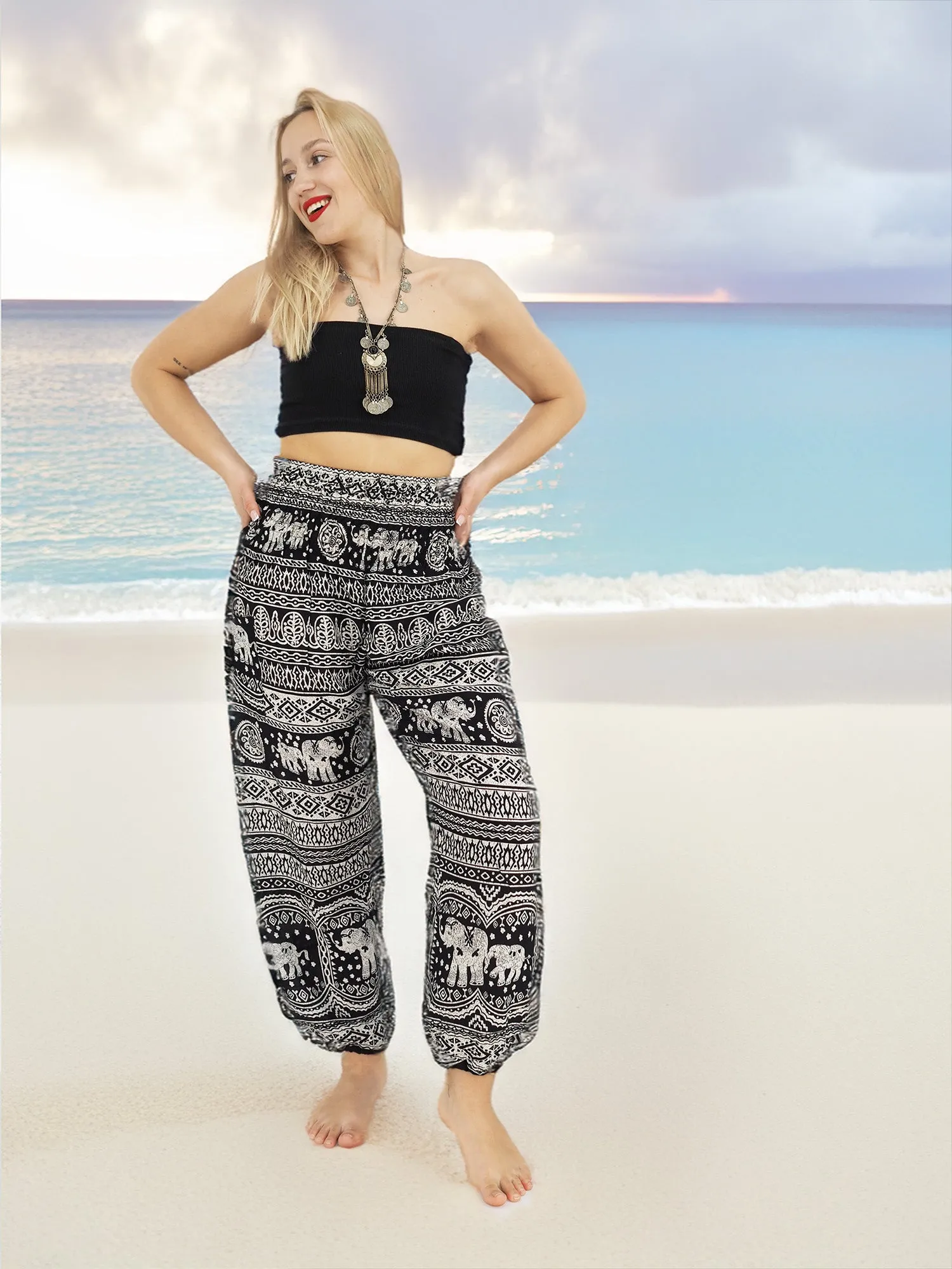 Unisex Harem Yoga Hippie Boho Pants in Black With Elephant Print M To XL