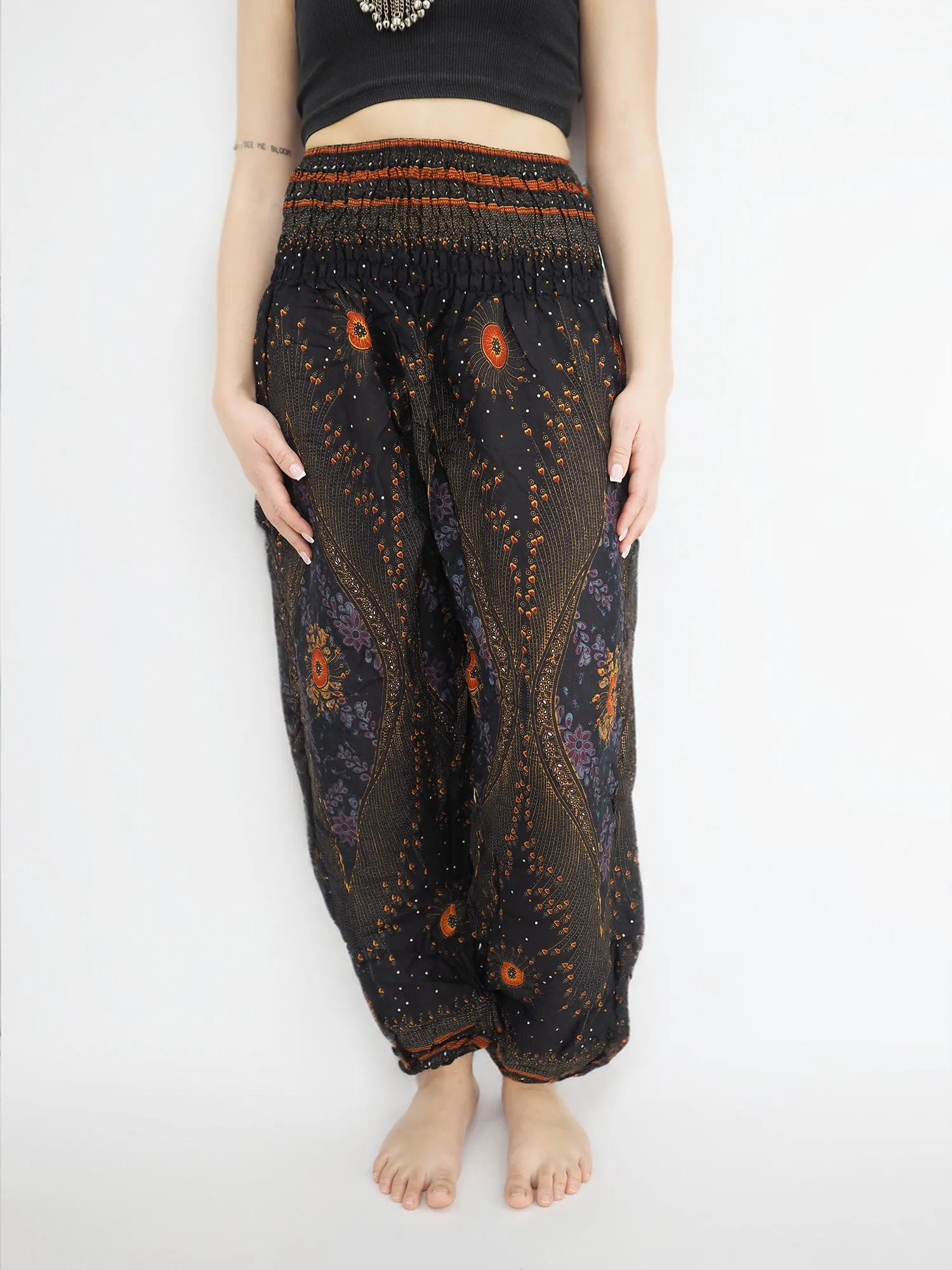 Unisex Harem Yoga Hippie Boho Pants in Black With Orange Red Flowers Tones Color L