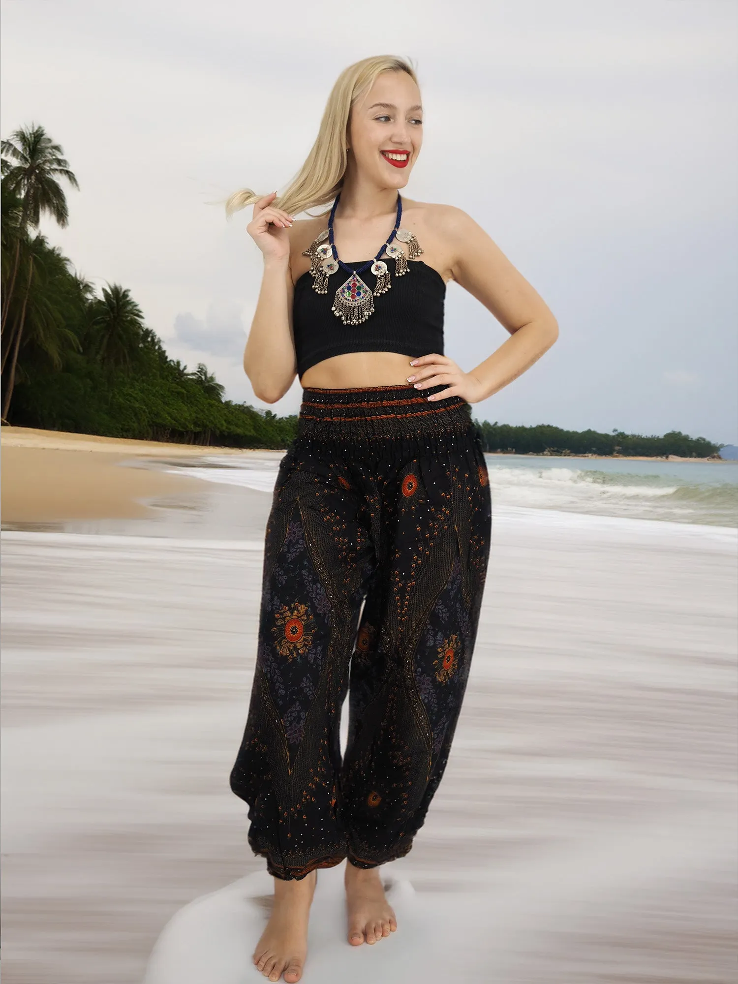 Unisex Harem Yoga Hippie Boho Pants in Black With Orange Red Flowers Tones Color L