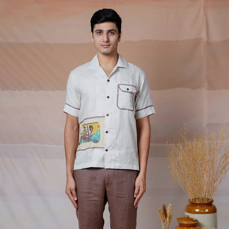 Unisex Linen Embroidered Shirt | Beige