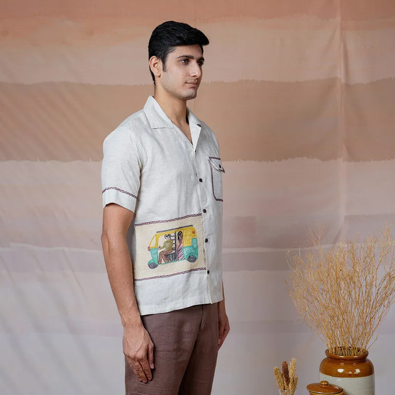 Unisex Linen Embroidered Shirt | Beige