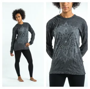 Unisex Lotus Mandala Long Sleeve T-Shirt in Silver on Black