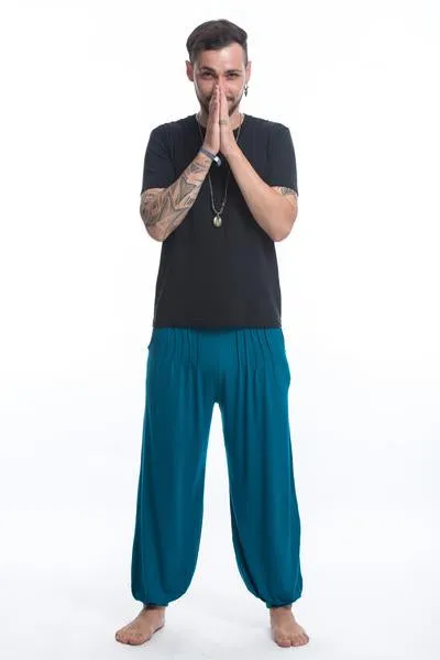 Unisex Solid Color Cotton Harem Pants in Blue