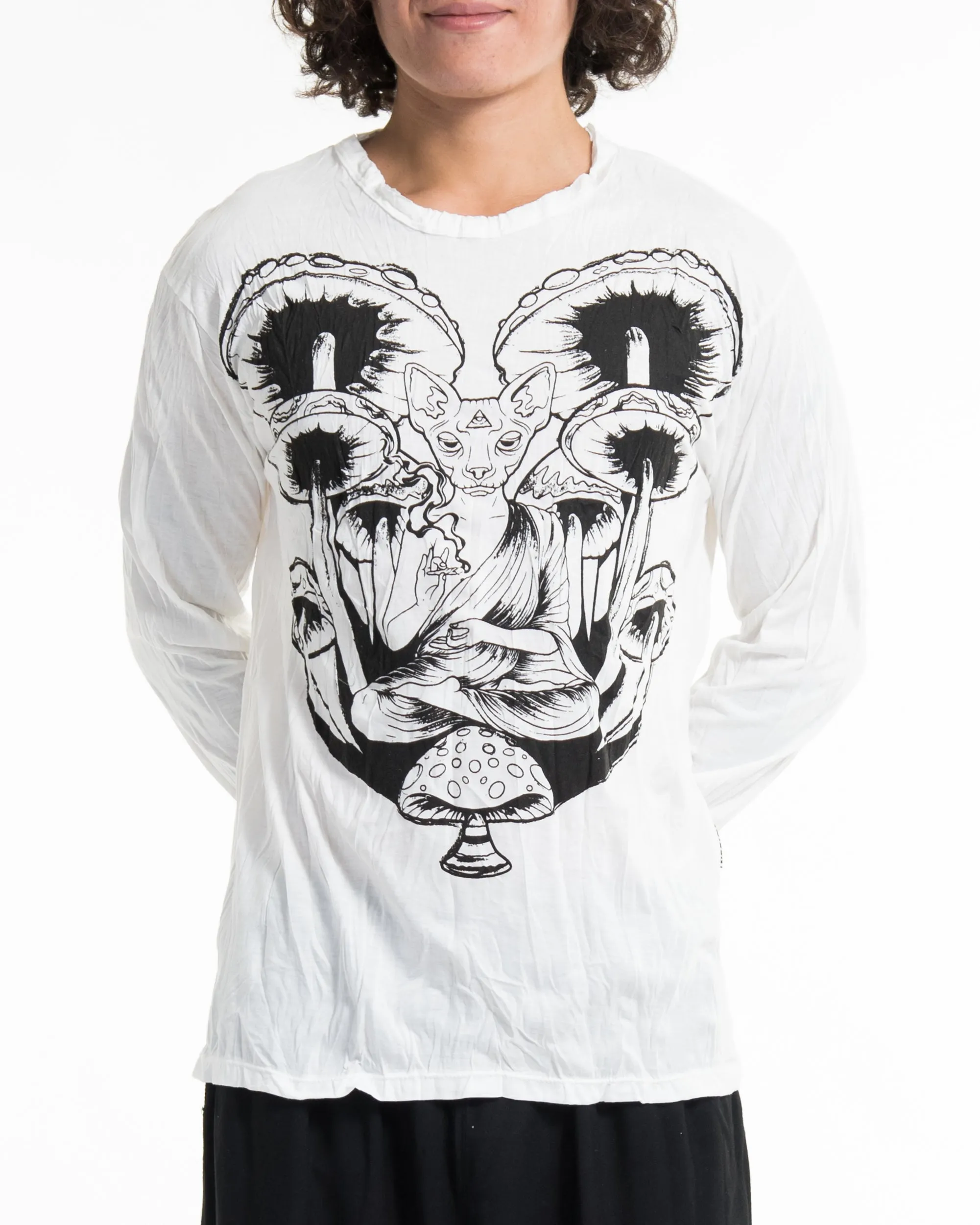 Unisex Spiritual Shroom Cat Long Sleeve Shirt in White