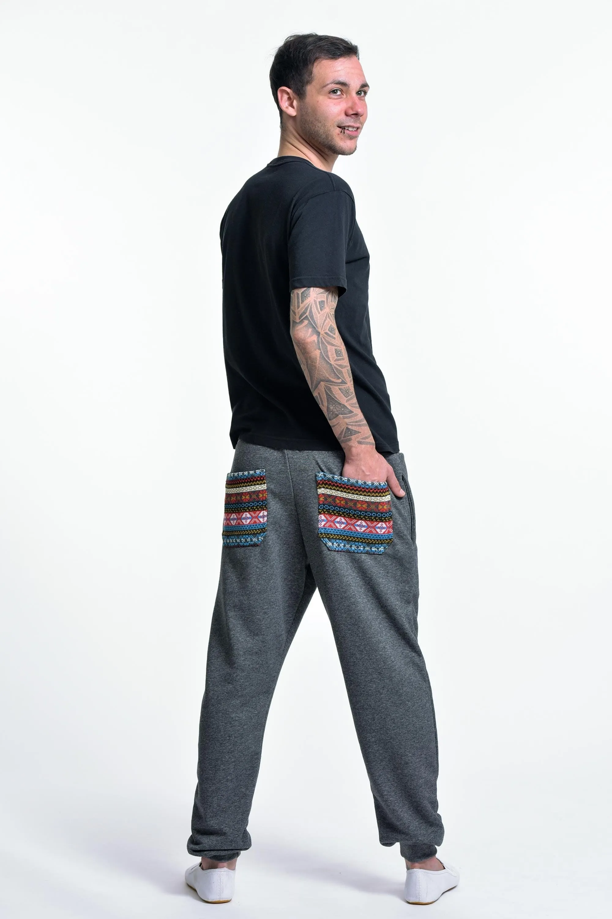 Unisex Terry Pants with Aztec Pockets in Black