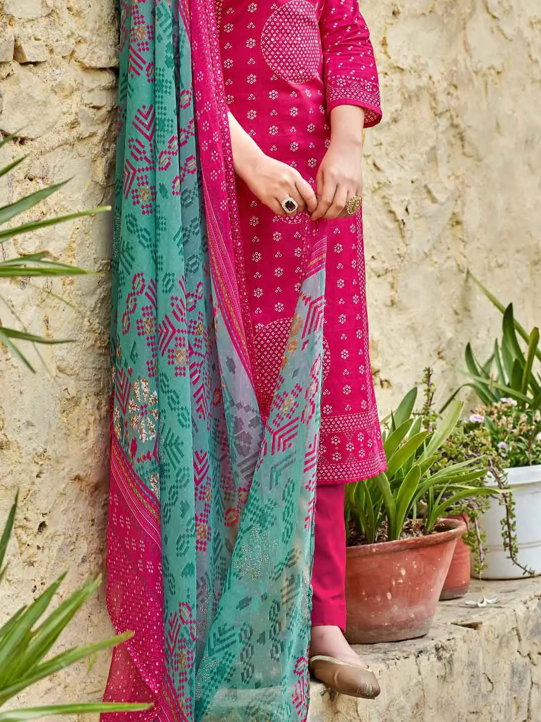 Unstitched Printed Pink Cotton Salwar Suit Dress Material for Women