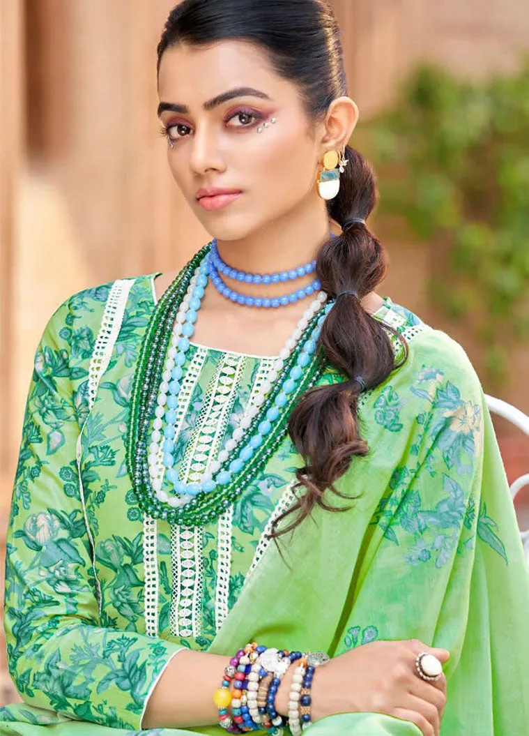 Unstitched Pure Lawn Cotton Suit Green Printed with Fancy Lace Work