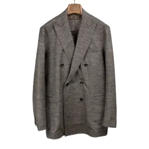 Unstructured double-breasted jacket in dark brown and taupe wool herringbone