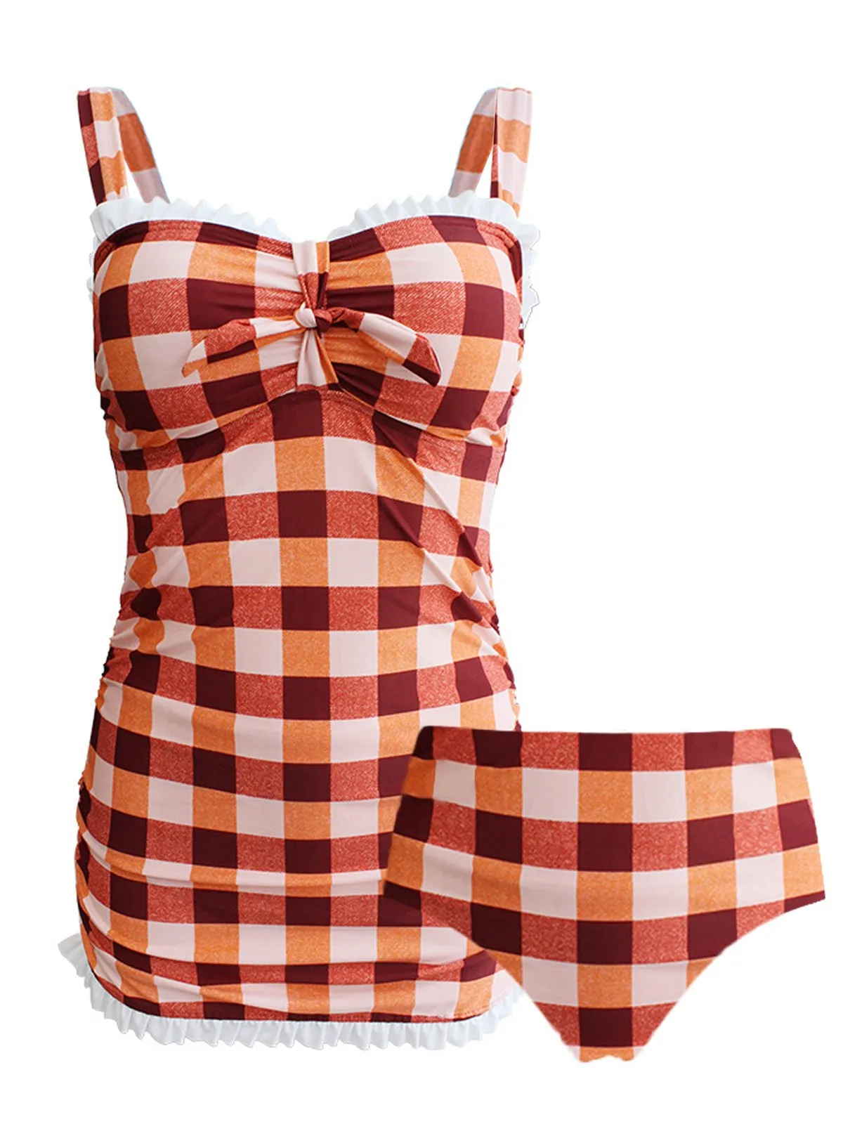 Upopby Plaid Ruffled Lace One-Piece Swimsuit   Panties