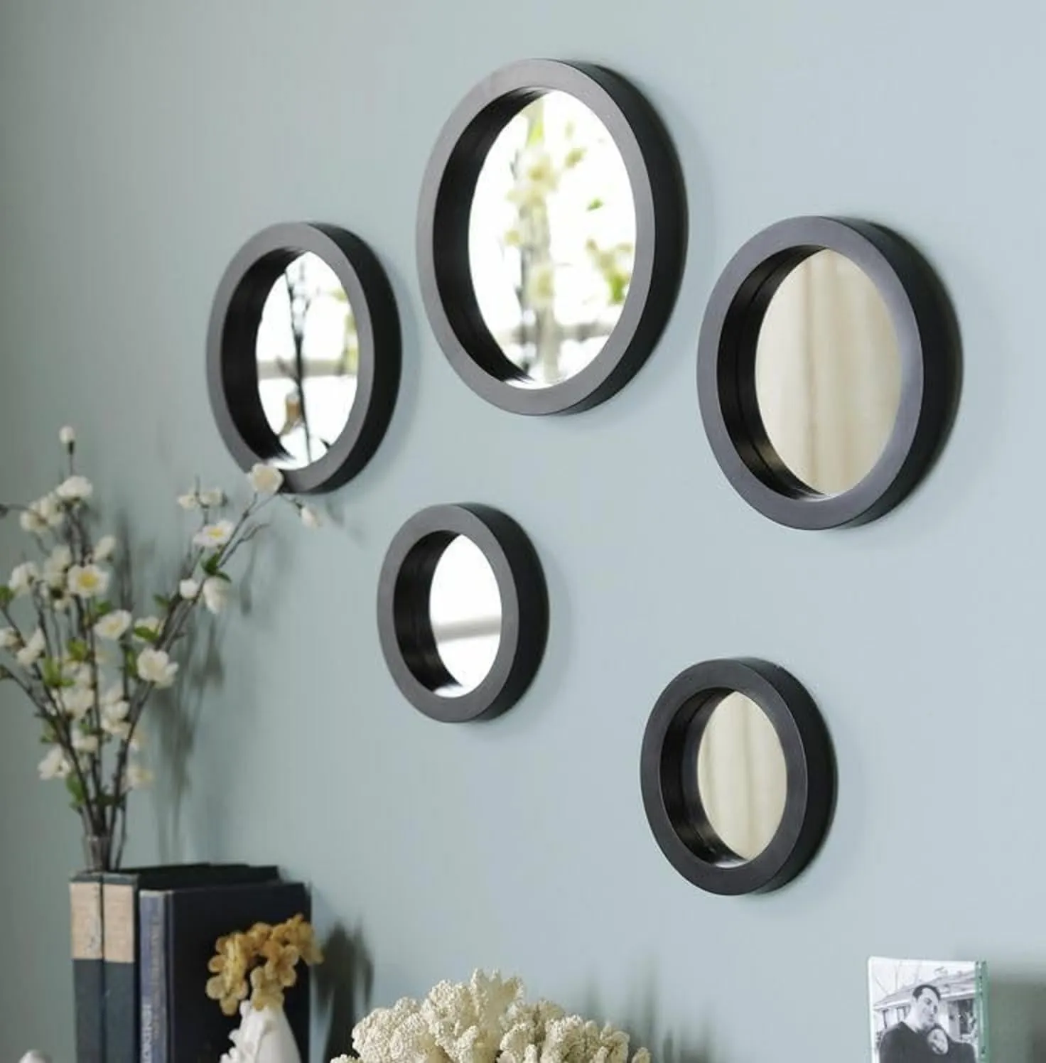 UPZING DECOR Wooden Wall Mirror Frame | Wall Hanging Mirror | Wall Mounted | for Living Room | with Mirror | Bedroom Set of 5 (Black)