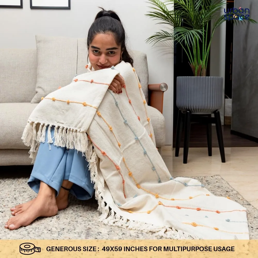 Urban Space Handmade Pure Cotton Sofa Throw Blanket, Soft Decorative Throw for Living Room, Sofa, Chair and Couch, Reversible and Breathable Throw with Tassels (Size- 125 cm x 150 cm, Boho White)