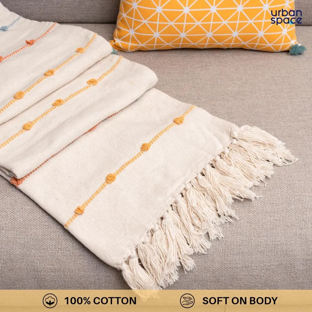 Urban Space Handmade Pure Cotton Sofa Throw Blanket, Soft Decorative Throw for Living Room, Sofa, Chair and Couch, Reversible and Breathable Throw with Tassels (Size- 125 cm x 150 cm, Boho White)