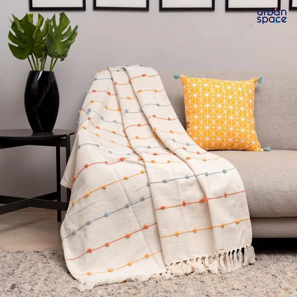 Urban Space Handmade Pure Cotton Sofa Throw Blanket, Soft Decorative Throw for Living Room, Sofa, Chair and Couch, Reversible and Breathable Throw with Tassels (Size- 125 cm x 150 cm, Boho White)