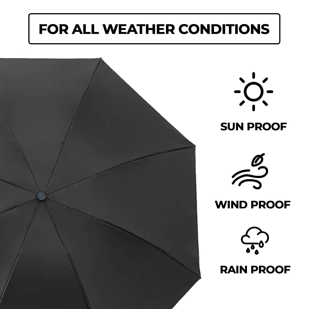 Urbane Home 3 Fold Manual Umbrella | Windproof, Sunproof & Rainproof | With Polyester Canopy, Sturdy Steel Shaft & Wrist Straps | Easy to Hold & Carry | Umbrella for Women, Men & Kids |Black