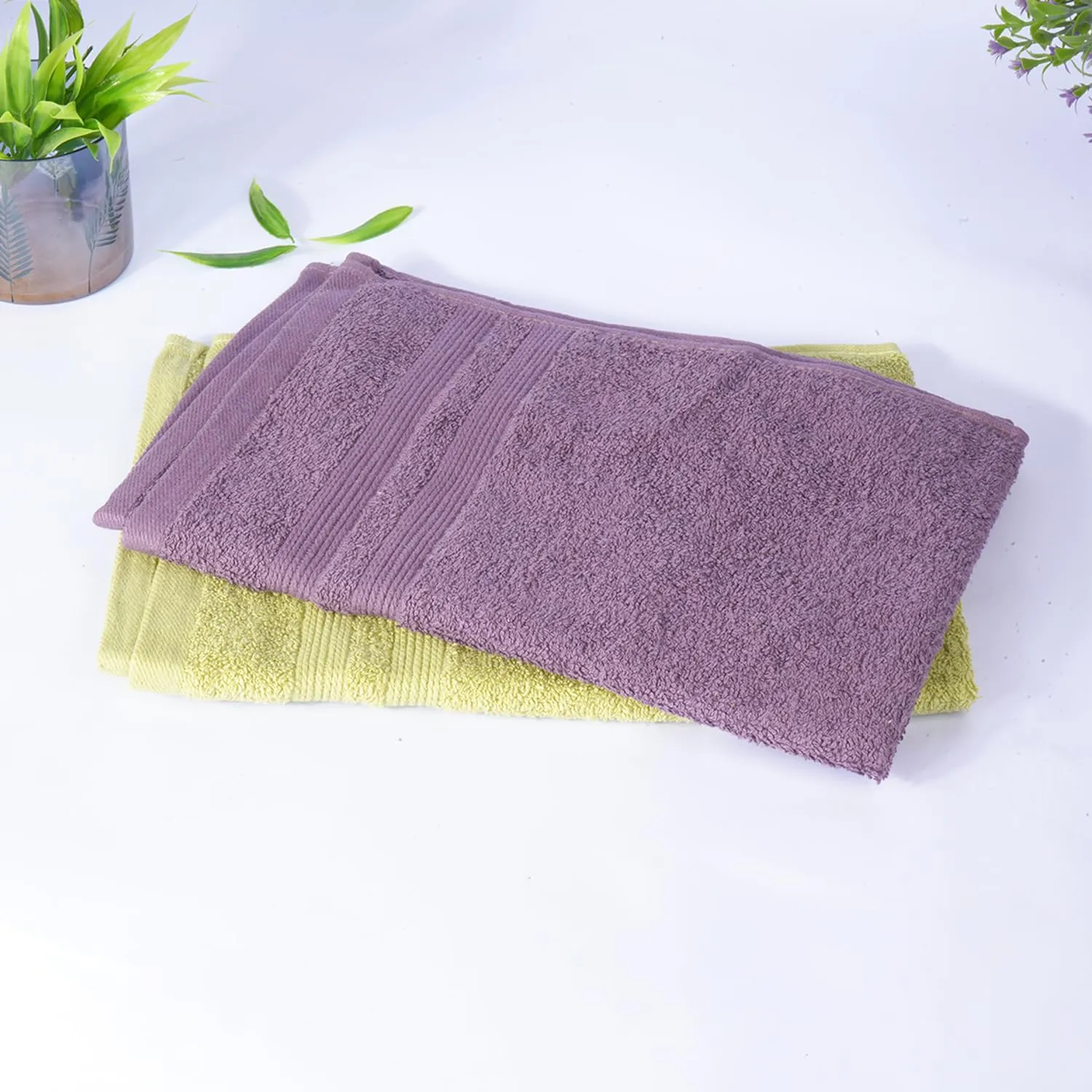 Urbane Home 525 GSM Cotton Hand Towels |Super Soft, Quick Absorbent & Anti-Bacterial|Gym & Workout Towels|Pack of 2 (Purple & Green)