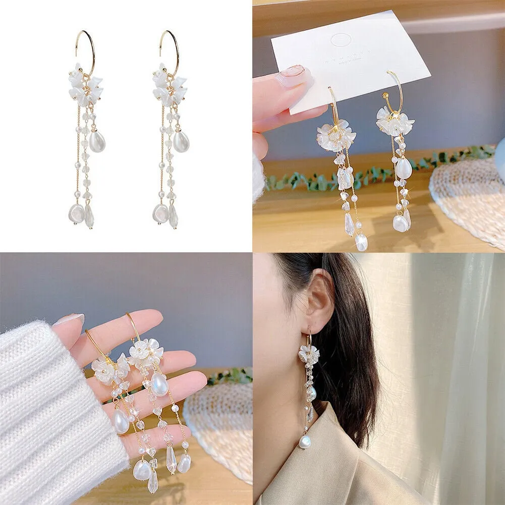 US 1~2 Pairs Floral Pearl Crystal Tassel Lily of the Valley Dangle Drop Earring