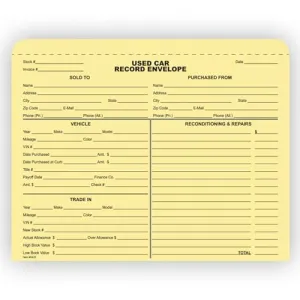 Used Car Record Envelopes for Car Dealerships and Repair Shops - 9-3/8" x 11-3/4" with 1/2" Extension - Durable 100# Buff Stock - Black Ink Printed on Short Side - Shrink-Wrapped Packs