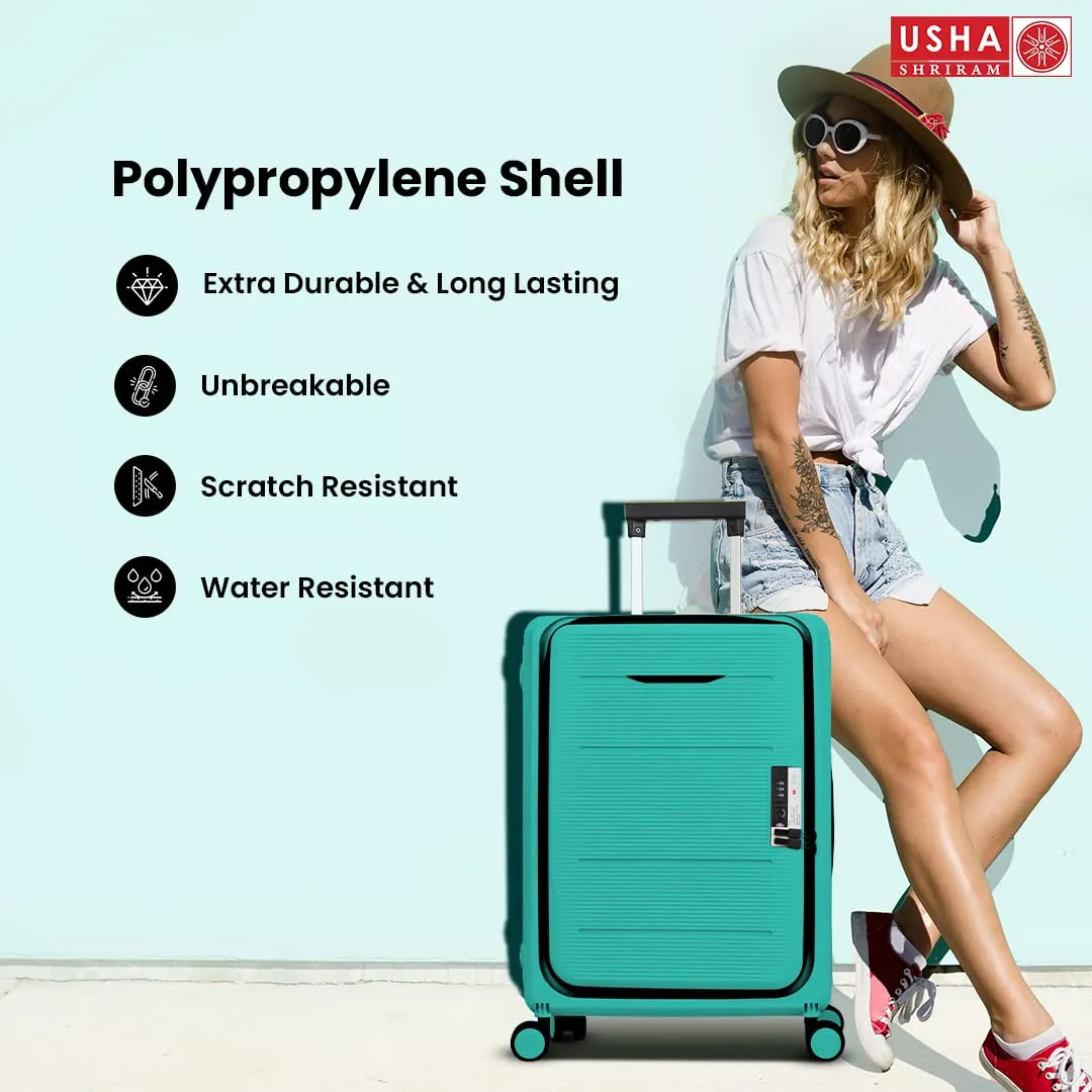 USHA SHRIRAM Cabin Bag (20 inch - 55cm) Collapsible Luggage Bag | Polypropylene Shell | Light Mint | Suitcase for Travel | 360 Degree Wheel & Lock | Foldable Trolley Bag for Travel