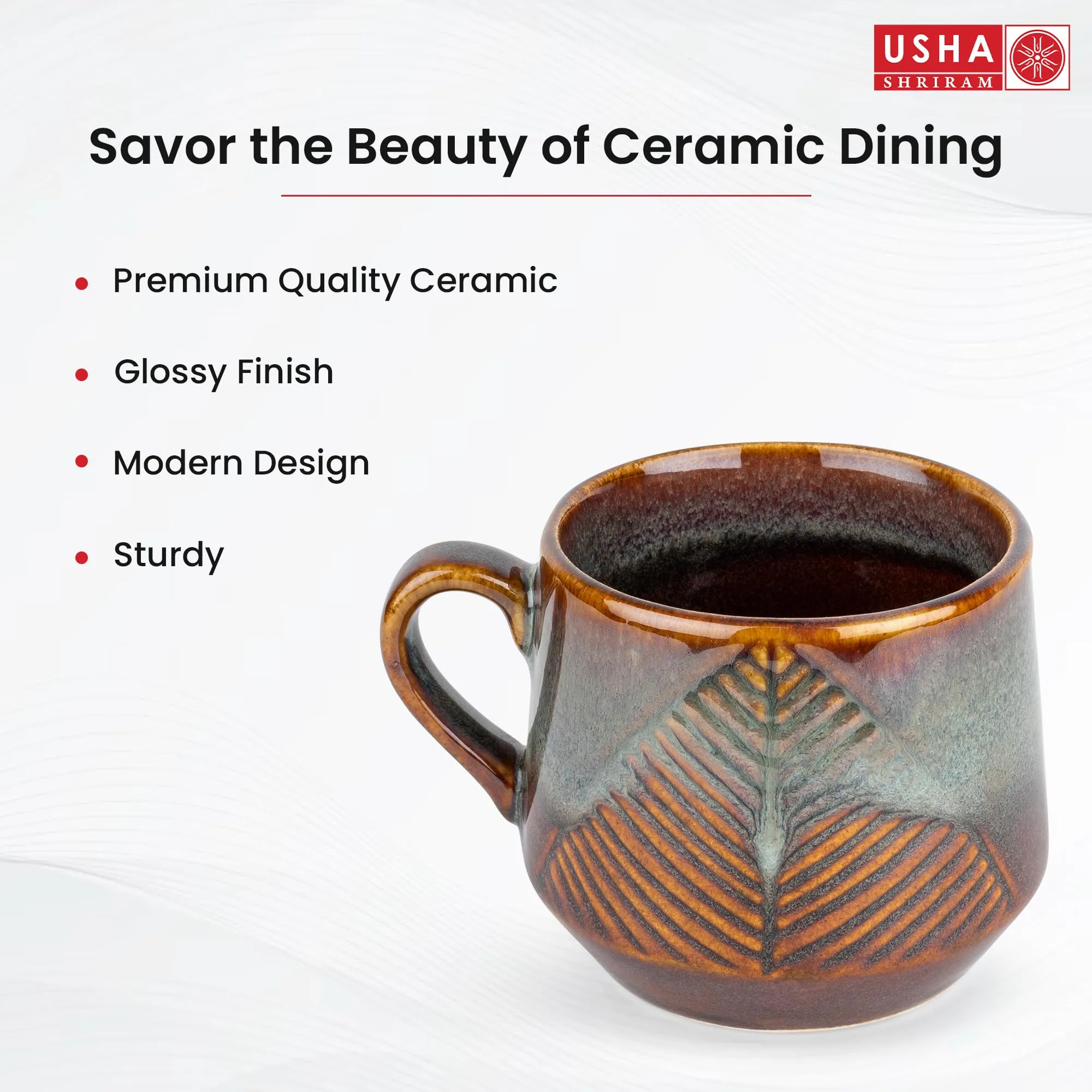 USHA SHRIRAM Ceramic Tea & Coffee Cup | Coffee Mug Microwave Safe | Refrigerator Safe | Scratch Resistant | Stain Proof | Dinnerware | Dinner Plate for Family Occasion | Diwali Gift Set (Design 5)