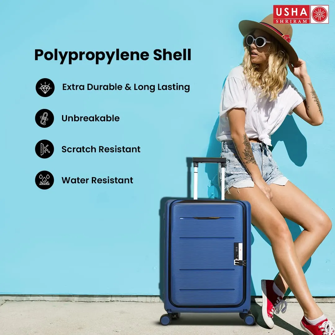 USHA SHRIRAM Check-in Bag (24 inch - 65cm) Collapsible Luggage Bag | Polypropylene Shell | Navy Blue | Suitcase for Travel | 360 Degree Wheel & Lock | Foldable Trolley Bag for Travel