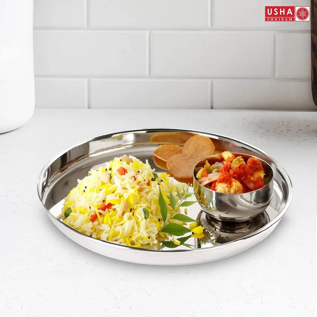 USHA SHRIRAM Stainless Steel Plate Set (29cm - 6Pcs) | Heavy Guage | Family Dinner Gift Set | Deep Base | Glossy Finish, Durable, Easy to Clean, Stackable