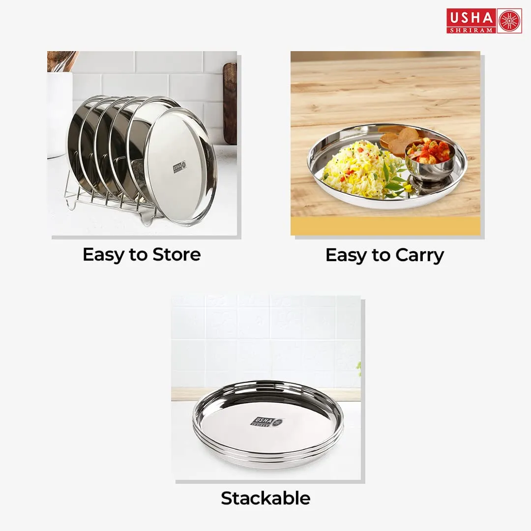 USHA SHRIRAM Stainless Steel Plate Set (29cm - 6Pcs) | Heavy Guage | Family Dinner Gift Set | Deep Base | Glossy Finish, Durable, Easy to Clean, Stackable