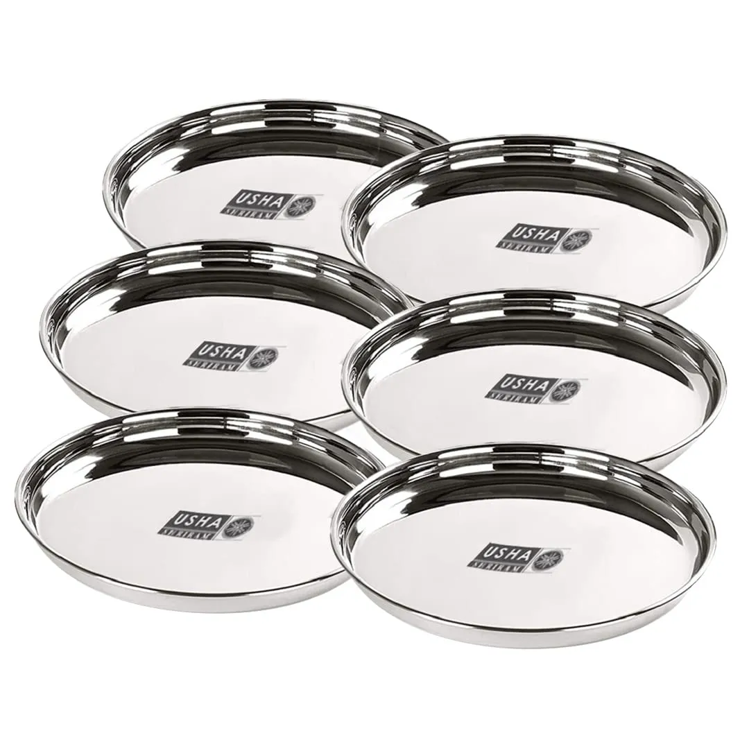 USHA SHRIRAM Stainless Steel Plate Set (29cm - 6Pcs) | Heavy Guage | Family Dinner Gift Set | Deep Base | Glossy Finish, Durable, Easy to Clean, Stackable