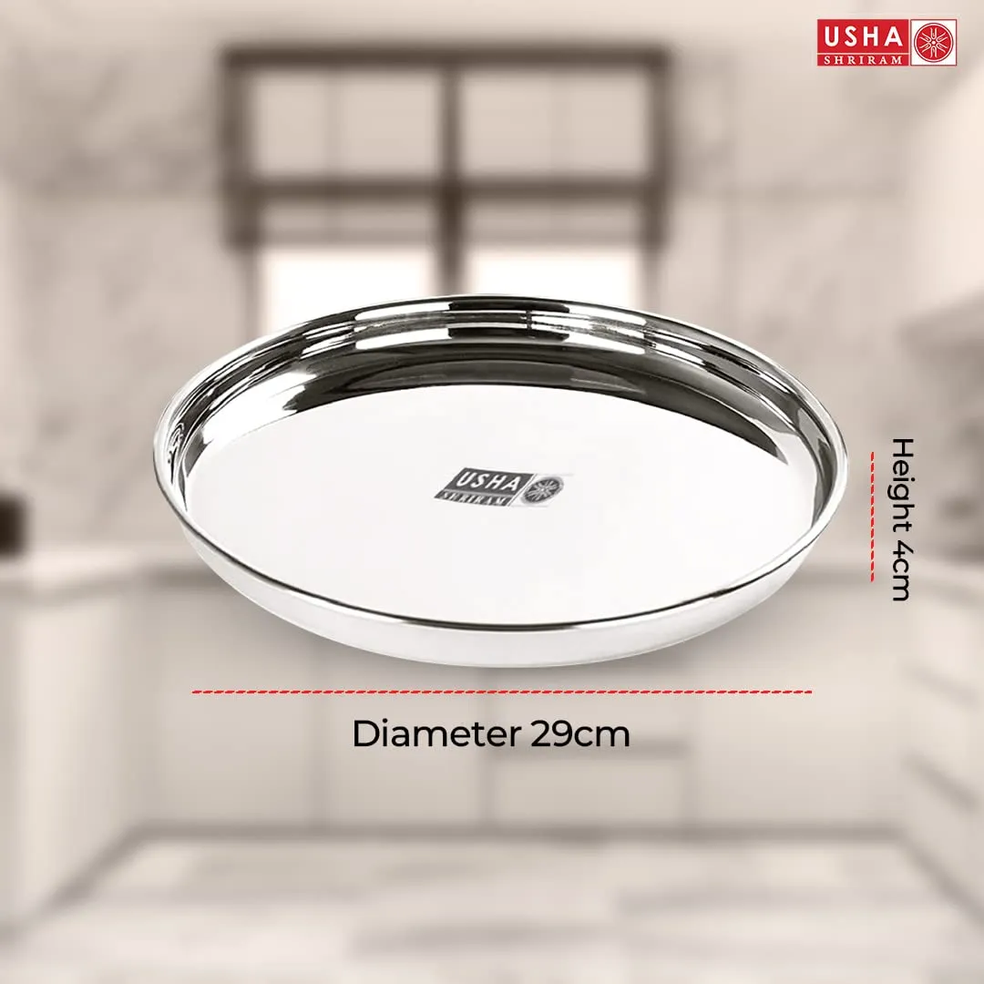 USHA SHRIRAM Stainless Steel Plate Set (29cm - 6Pcs) | Heavy Guage | Family Dinner Gift Set | Deep Base | Glossy Finish, Durable, Easy to Clean, Stackable