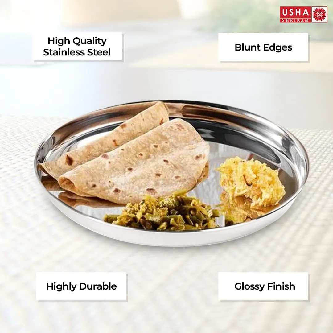 USHA SHRIRAM Stainless Steel Plate Set (29cm - 6Pcs) | Heavy Guage | Family Dinner Gift Set | Deep Base | Glossy Finish, Durable, Easy to Clean, Stackable