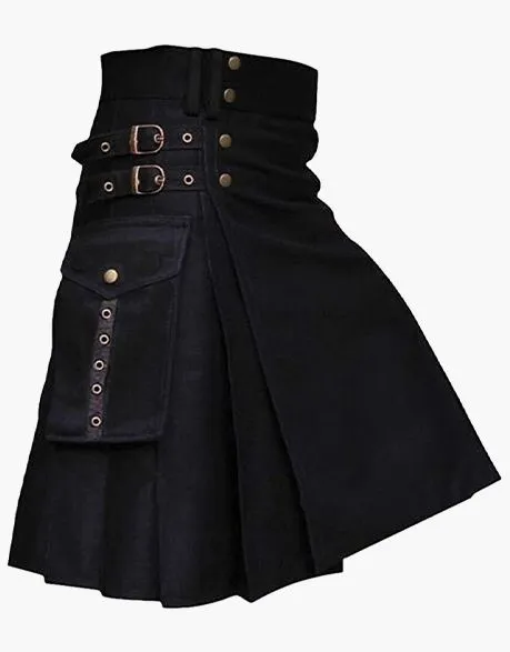 Utility Kilt in Black with Buckle Straps