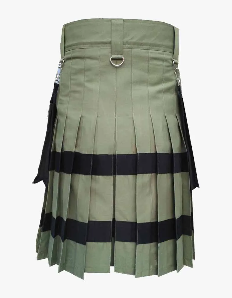 UTILITY KILT IN OLIVE GREEN WITH LEATHER STRAPS