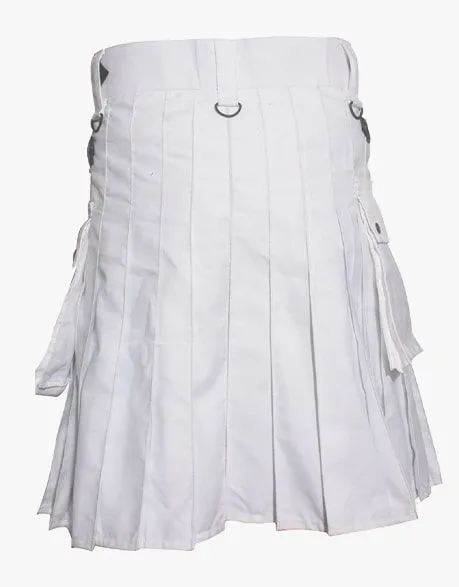 UTILITY KILT IN WHITE WITH LEATHER STRAPS