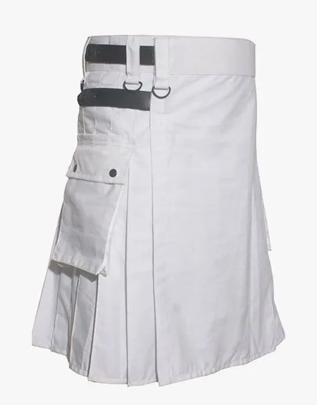 UTILITY KILT IN WHITE WITH LEATHER STRAPS