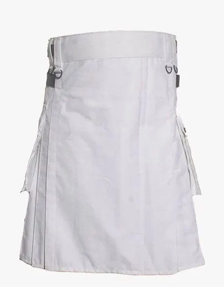 UTILITY KILT IN WHITE WITH LEATHER STRAPS