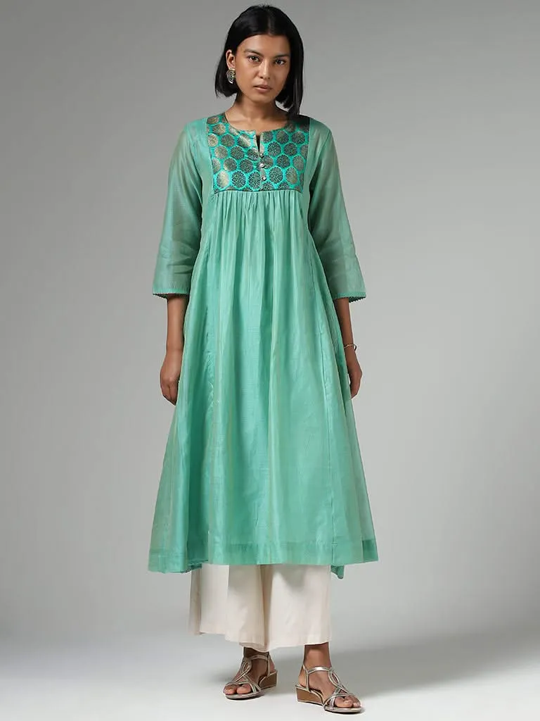 Utsa Aqua Green Jacquard Embroidery Kurta with Inner