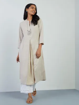 Utsa Beige Schiffli-Detailed Blended Linen A-Line Kurta