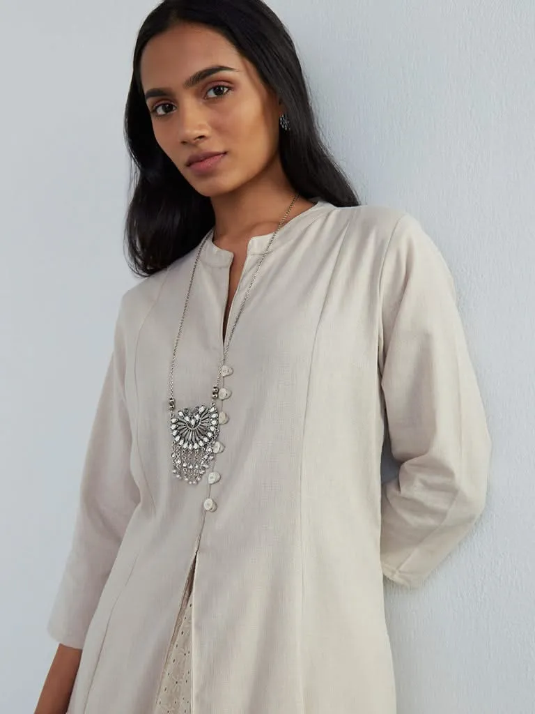 Utsa Beige Schiffli-Detailed Blended Linen A-Line Kurta