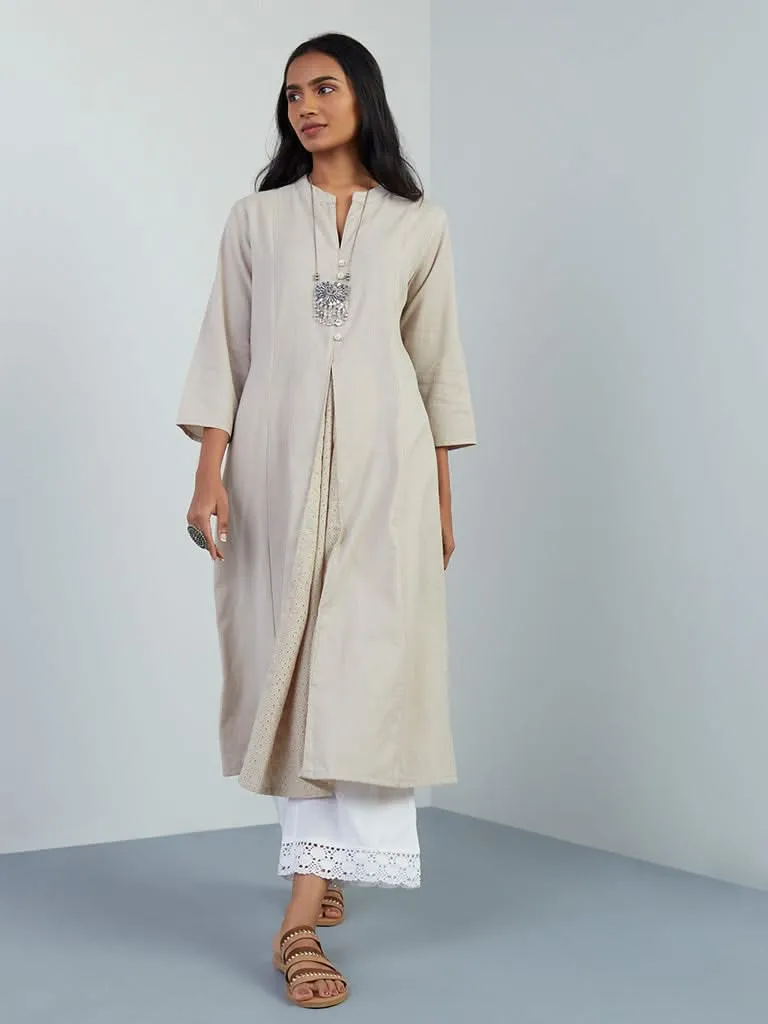 Utsa Beige Schiffli-Detailed Blended Linen A-Line Kurta