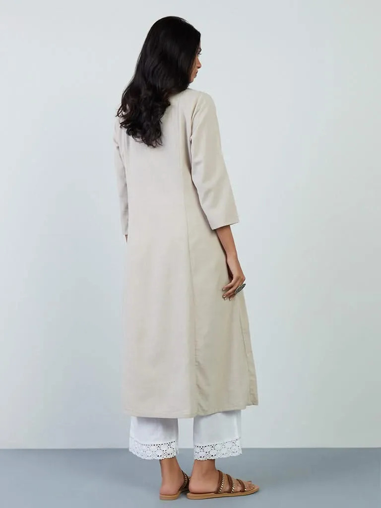 Utsa Beige Schiffli-Detailed Blended Linen A-Line Kurta