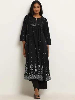 Utsa Black Embroidered Cotton A-Line Kurta