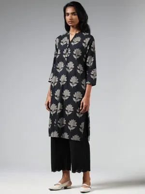 Utsa Black Floral Printed Kurta